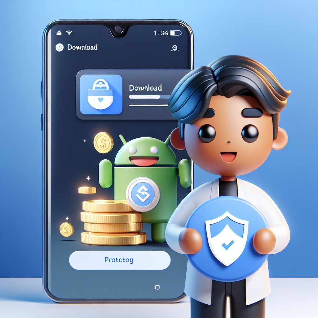 BGD7777 app cartoon character holding an Android phone with secure download and coins