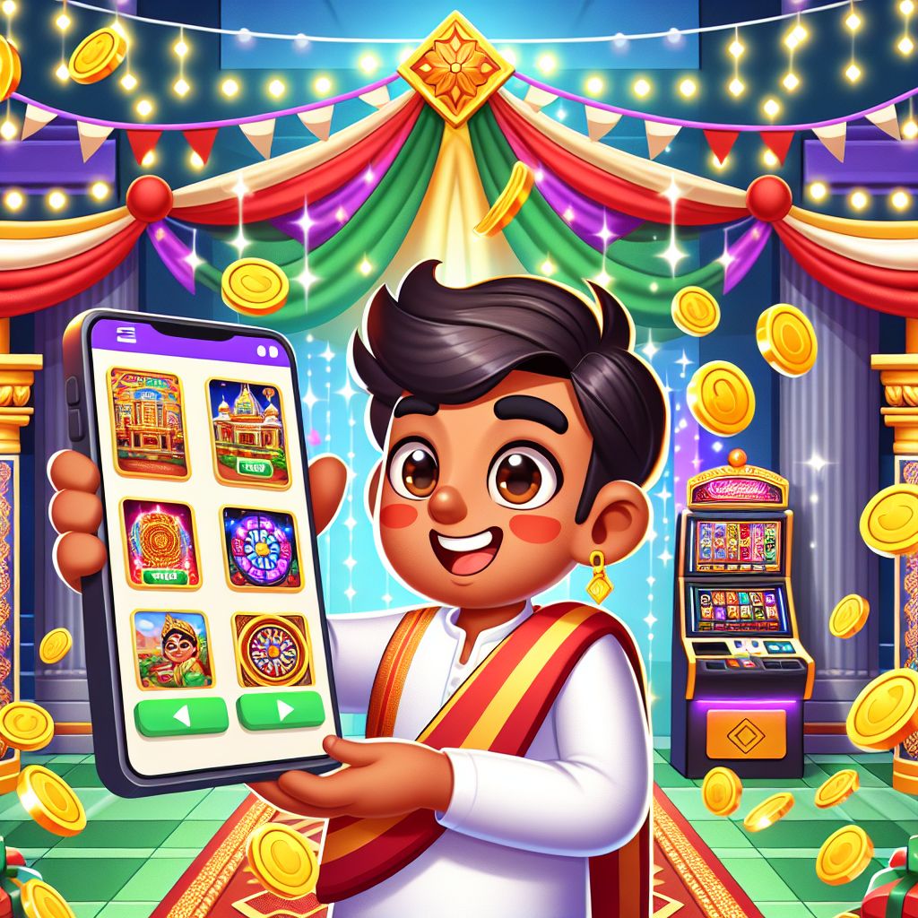 BGD7777 casino cartoon character with slot reels, cards, and coins in a Bangladesh-themed gaming scene
